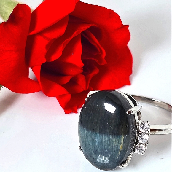 Natural Blue Tiger Eye & CZ 925 Sterling Silver Ring - Picture 1 of 10
